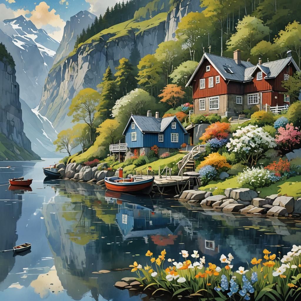 Scandinavian Fjord House with Spring Garden