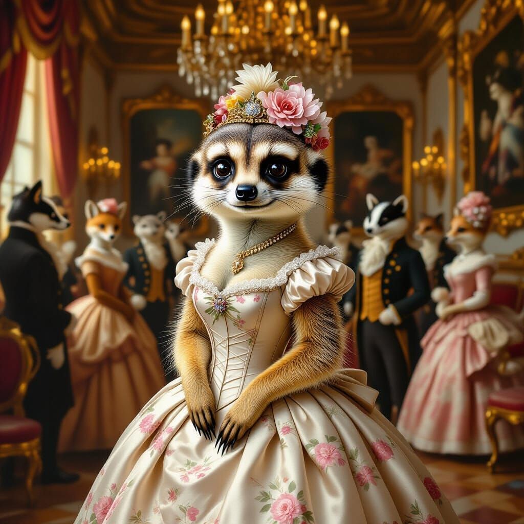 Meerkat in Empire Dress at Opulent Ballroom Gathering