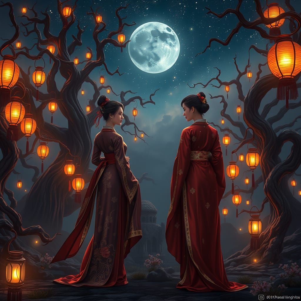Asian Women in Enchanted Silk Robes Amidst Dreamlike Landsca...