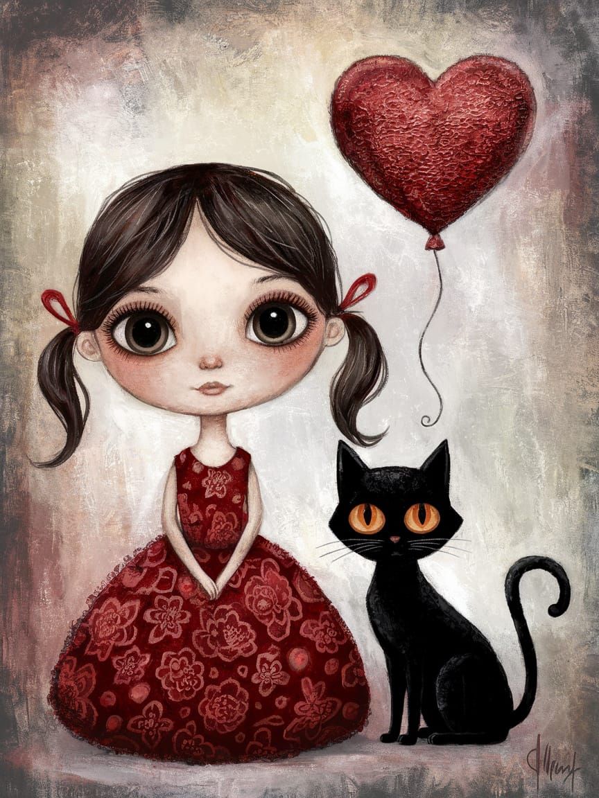 Young Girl with Enchanted Cat in Whimsical Art
