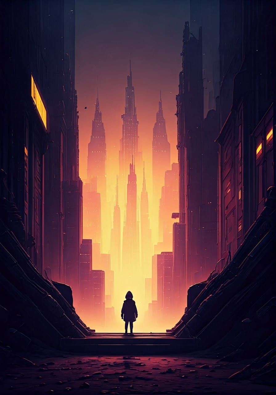 Dark Fantasy Cityscape with Lonely Child in Sci-Fi Dystopia ...