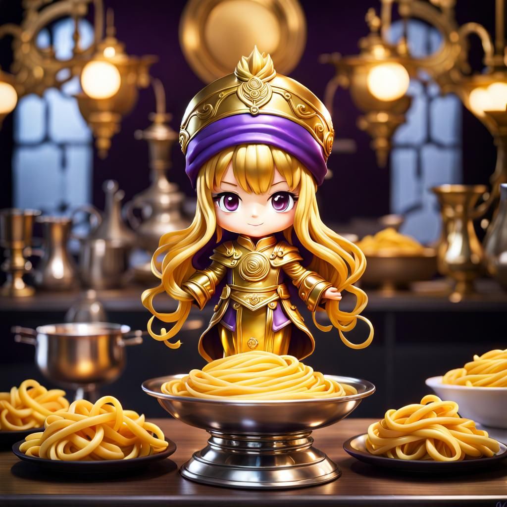 Golden Chibi Pasta Alchemical Transformation: Hyperrealistic...