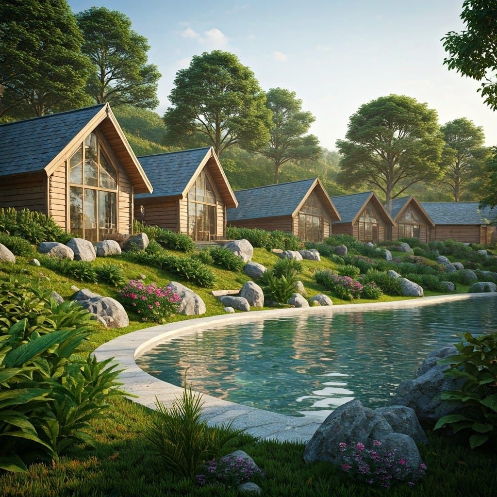 Luxurious Cabins in Lush 3D Rendered Landscape