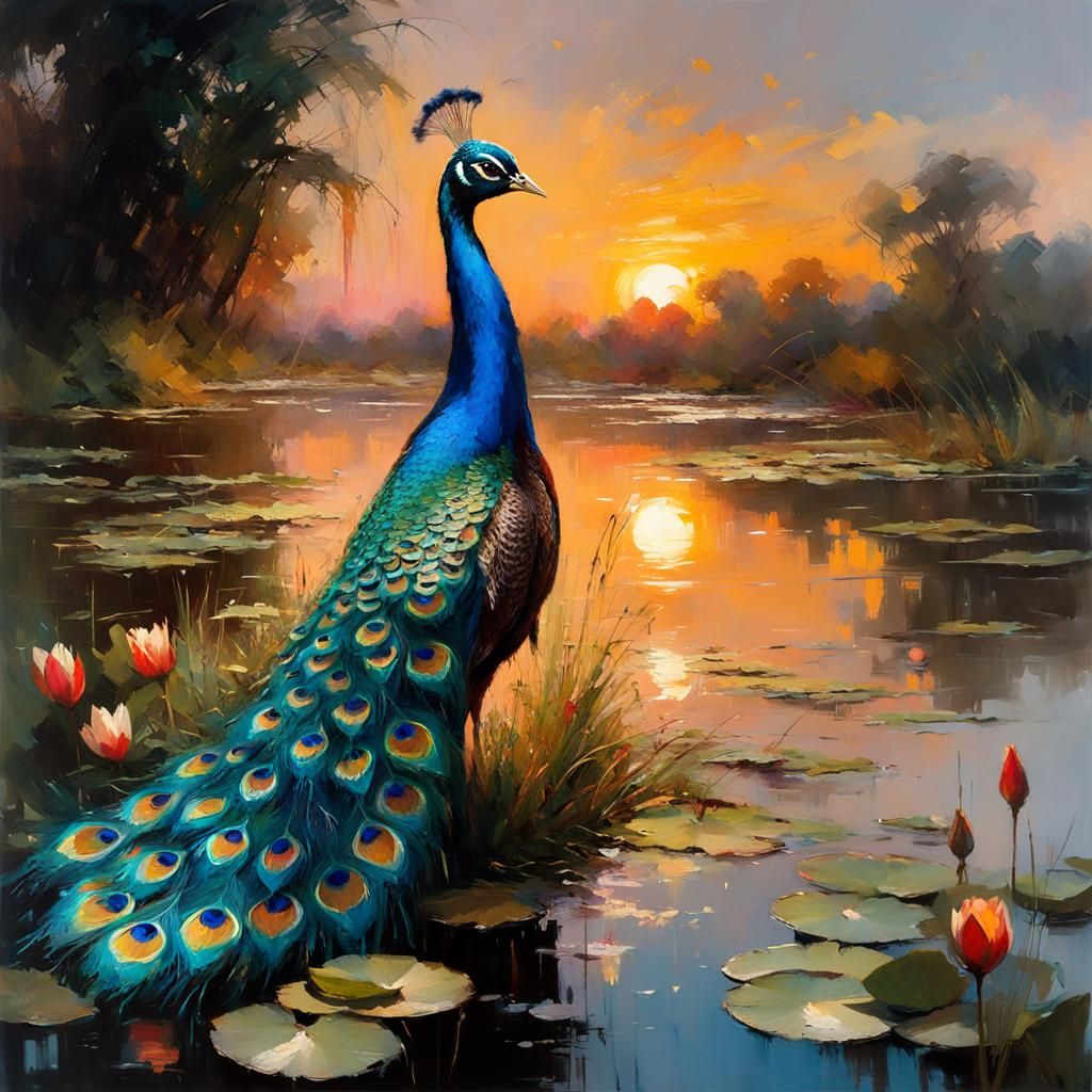 Peacock with Tail Feather Fan at Sunset