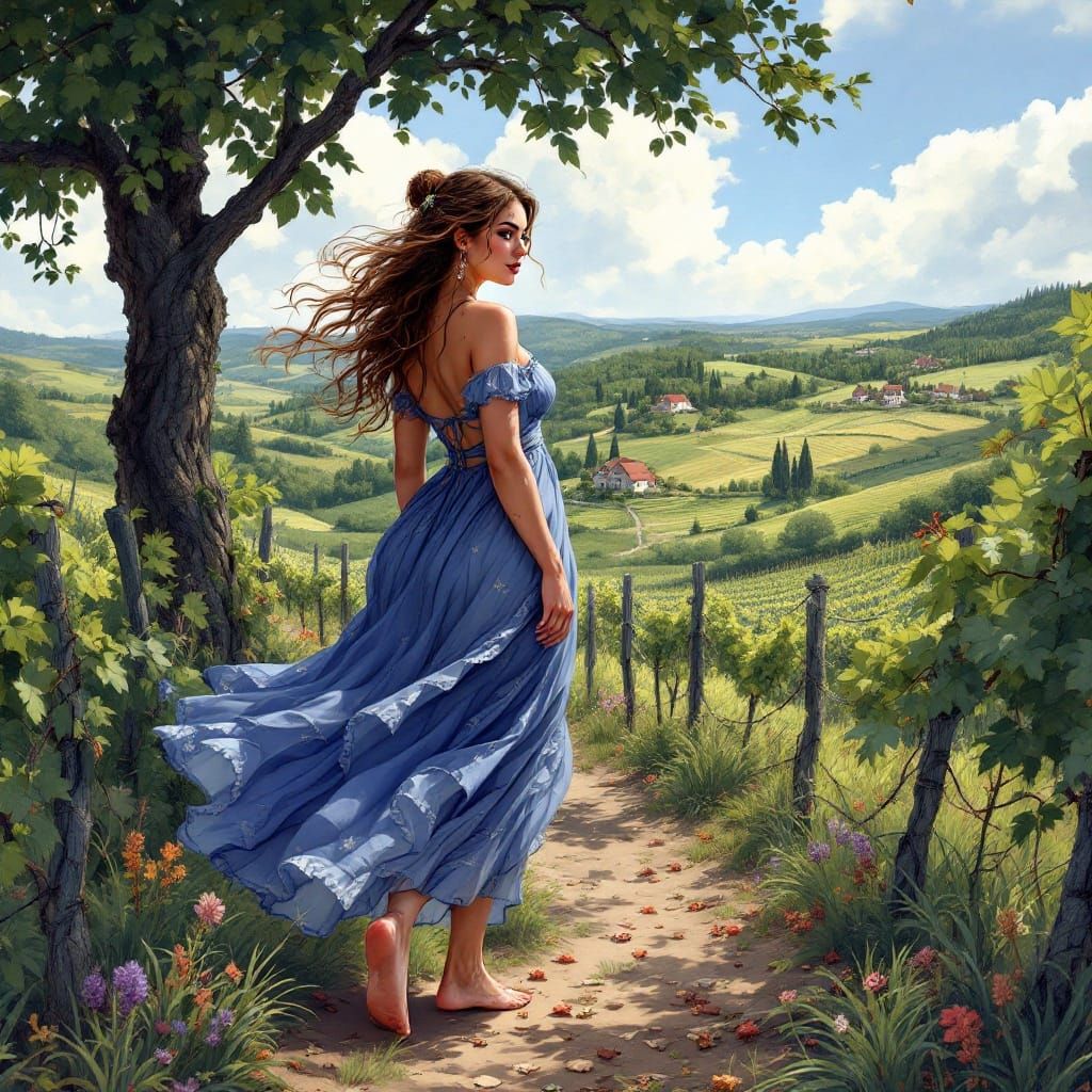 Ethereal Maiden Strolls through a Verdant Valley