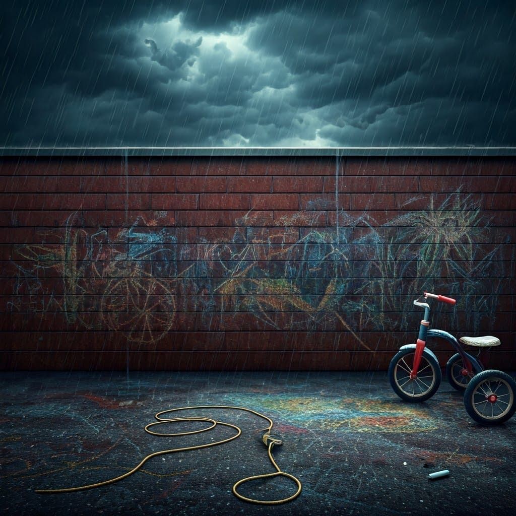 Whimsical Chalk Art Merges with Rainy School Playground Scen...