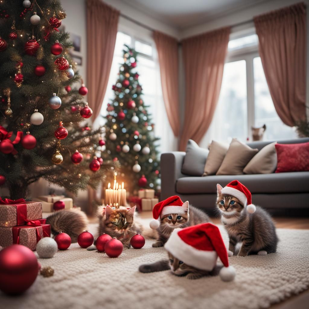 kittens having a Christmas party in living room, cosy scene, tiny Santa hats, mici Christmas tree, balls of yarn, Miki ...