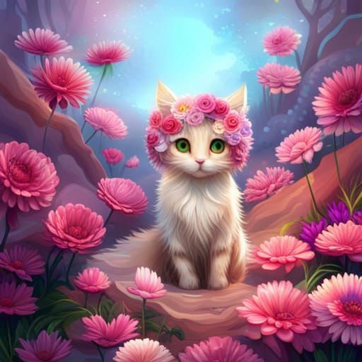 Charming Chibi Cat Covered in Colorful Flowers