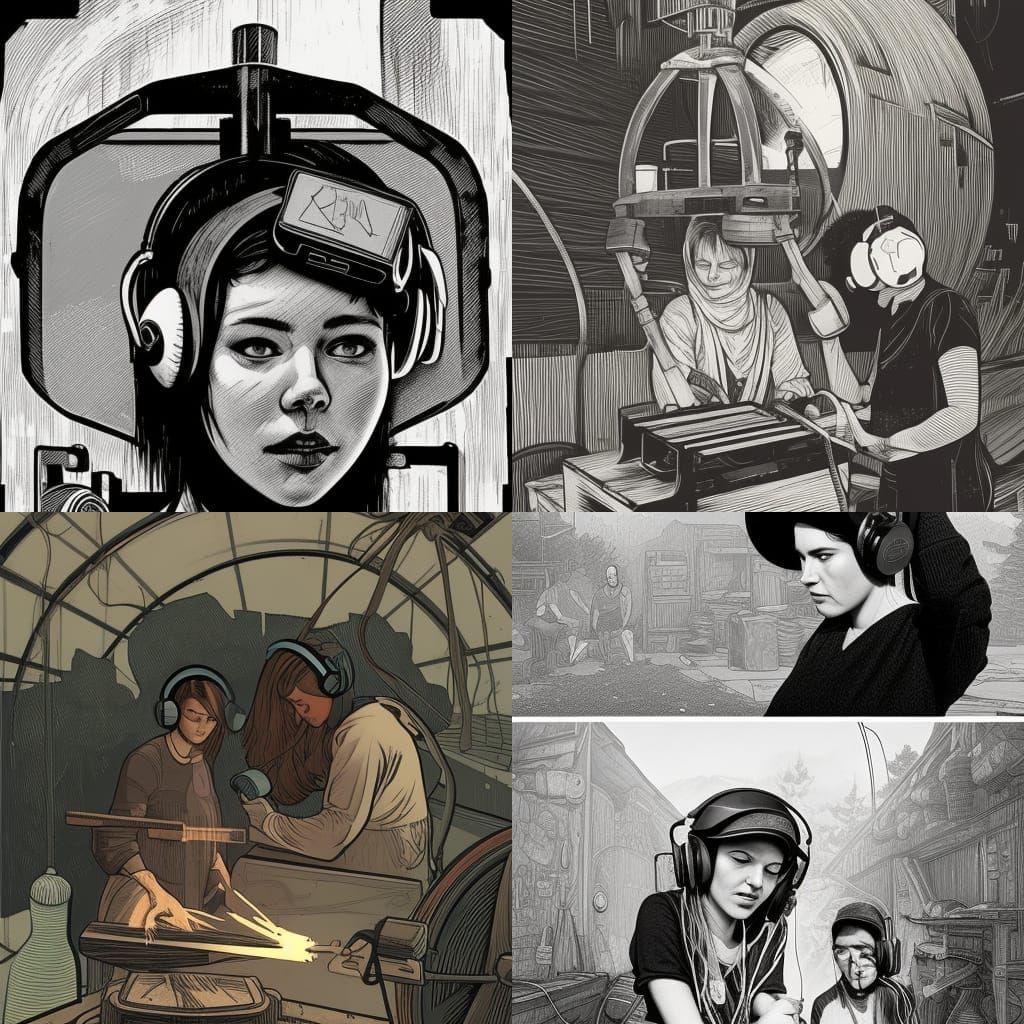 Sisters Forging Skateboard: Black and White Linocut