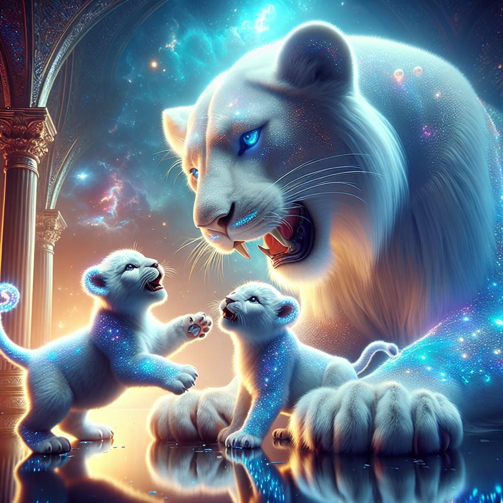 Blue Lion Cubs with White Lioness: Digital Matte Painting