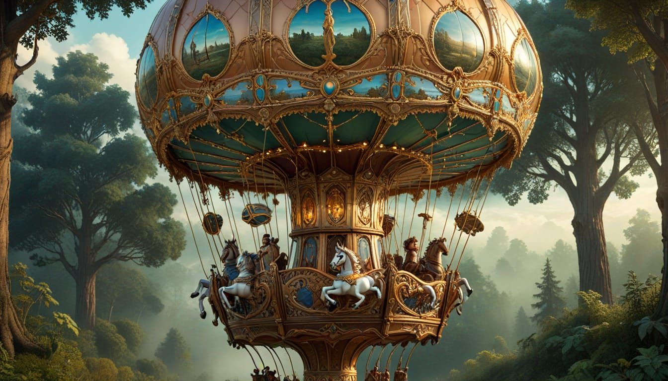 Steampunk Carousel Hanging From Hot Air Balloon