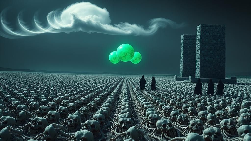 Eerie Bone Landscape with Monks, Mystical Dreamscape