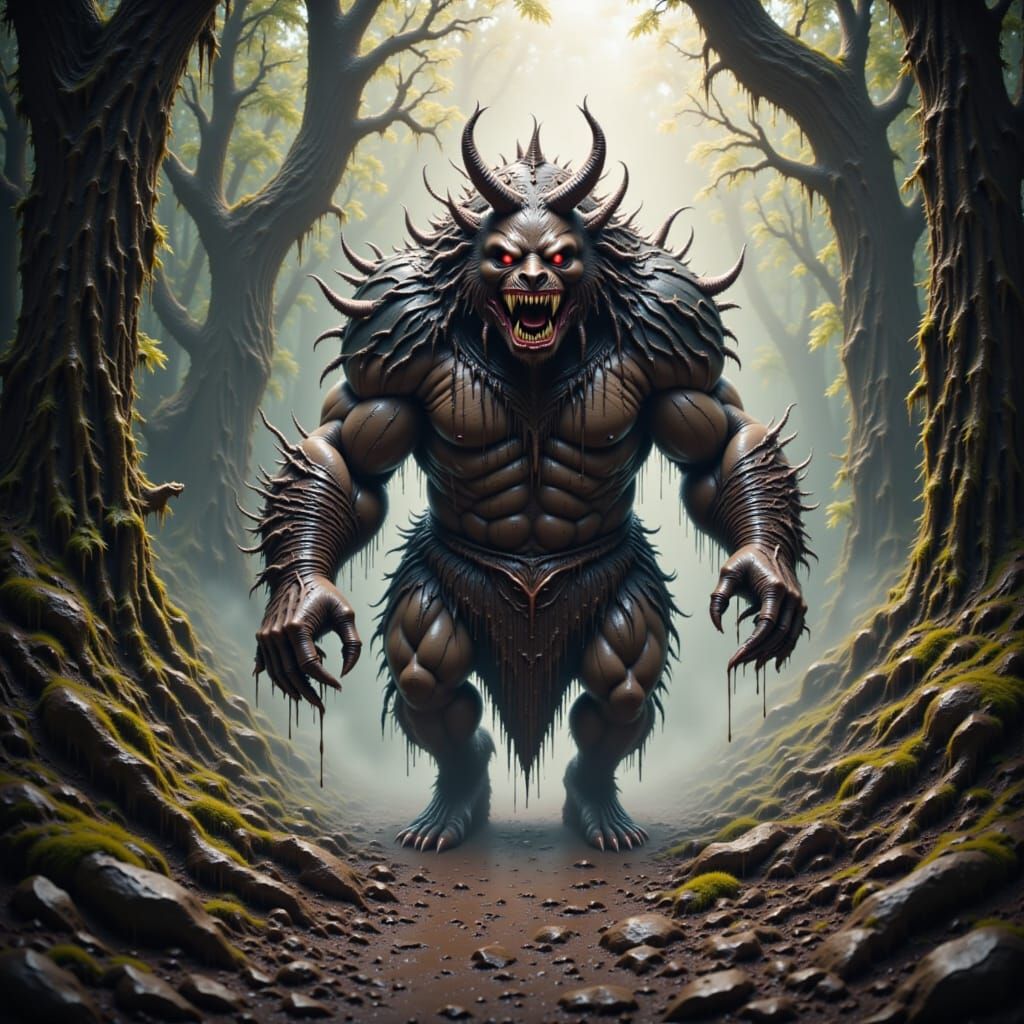 Monster in Ornate Armor Hikes Through Misty Forest