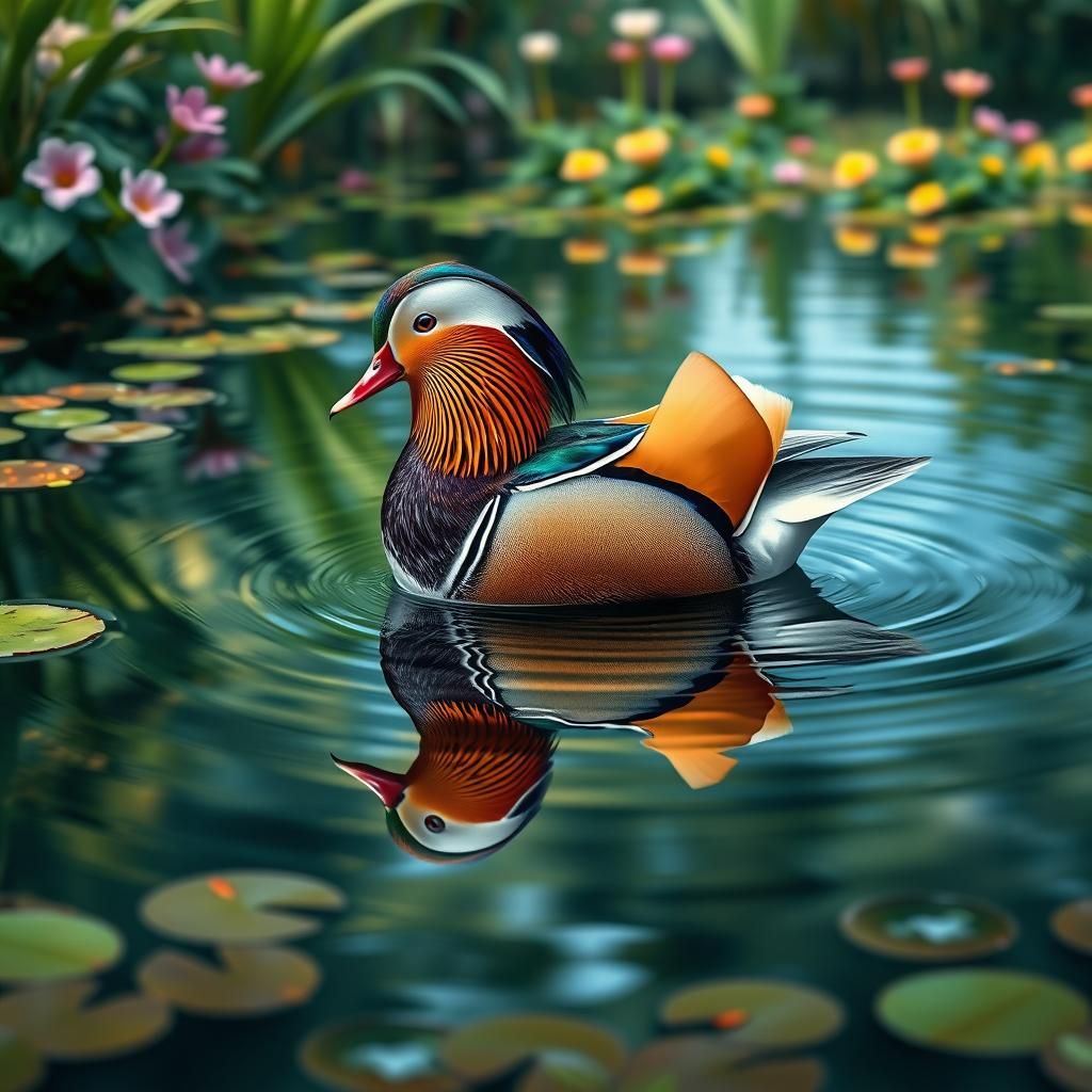 Mandarin Duck in Pond: Photorealistic Rendering