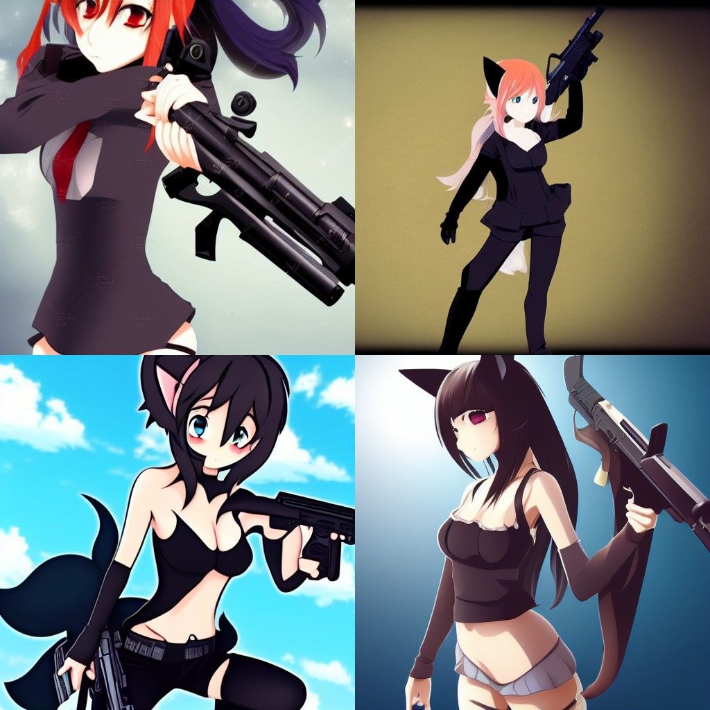 Anime Girl with Wolf Features Posing with Gun