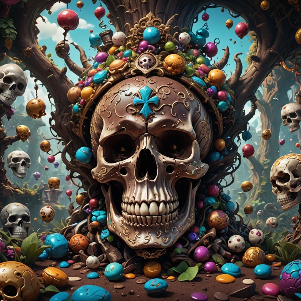 Cocoa Bean Skull in Wonderland, Detailed Matte Painting