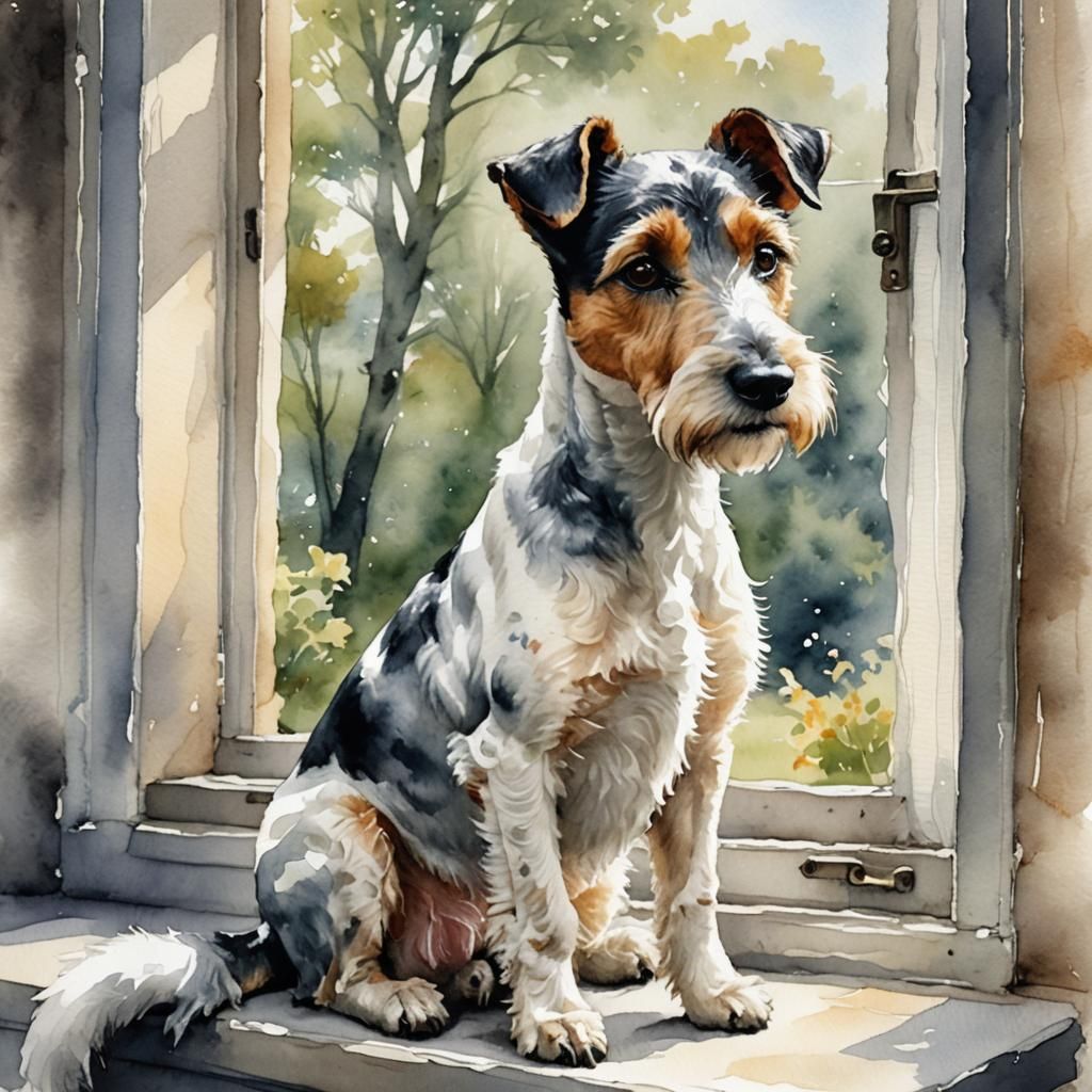 Watercolor Fox Terrier Gazing Out Window