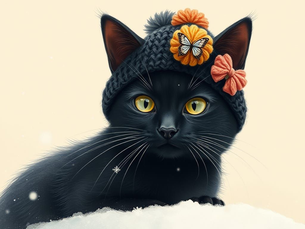 Whimsical Black Cat in Snowy Knitted Hat with Pom-Poms and B...