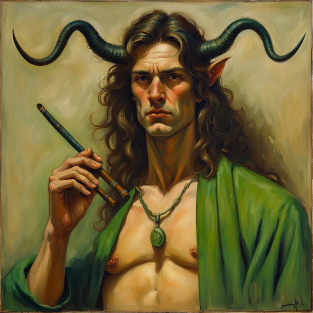 Satyr with Pipe in Oil Painting Style