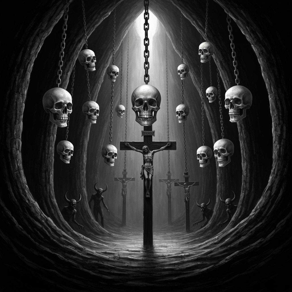 Horror Scene: Skulls, Chains, and Crucifixes in Chiaroscuro
