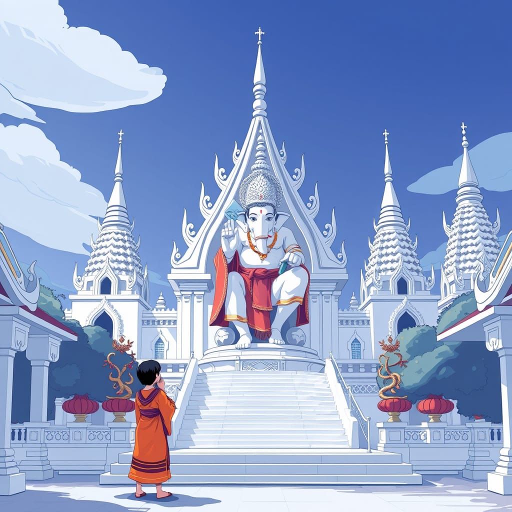 Buddhist Temple in Cartoon Thai Style with Traditional Attir...