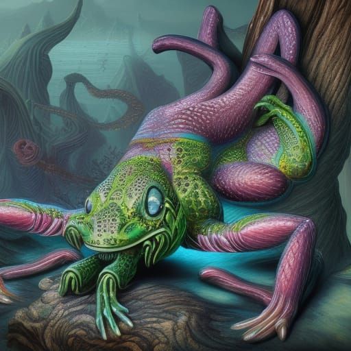 Hyperrealistic Frog Scorpion in Blue and Green