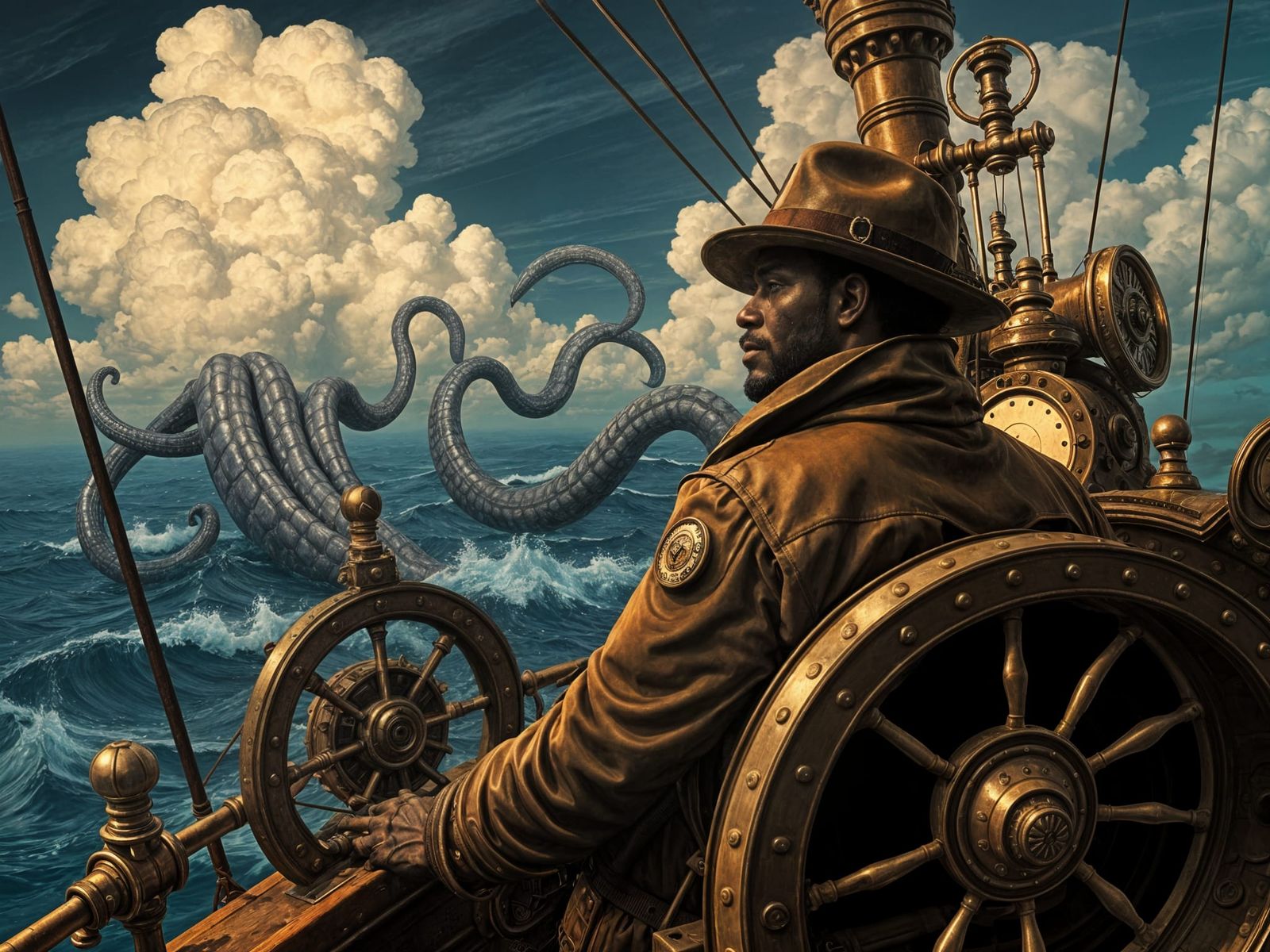 Surrealist Cloudscape with Artifact Hunters