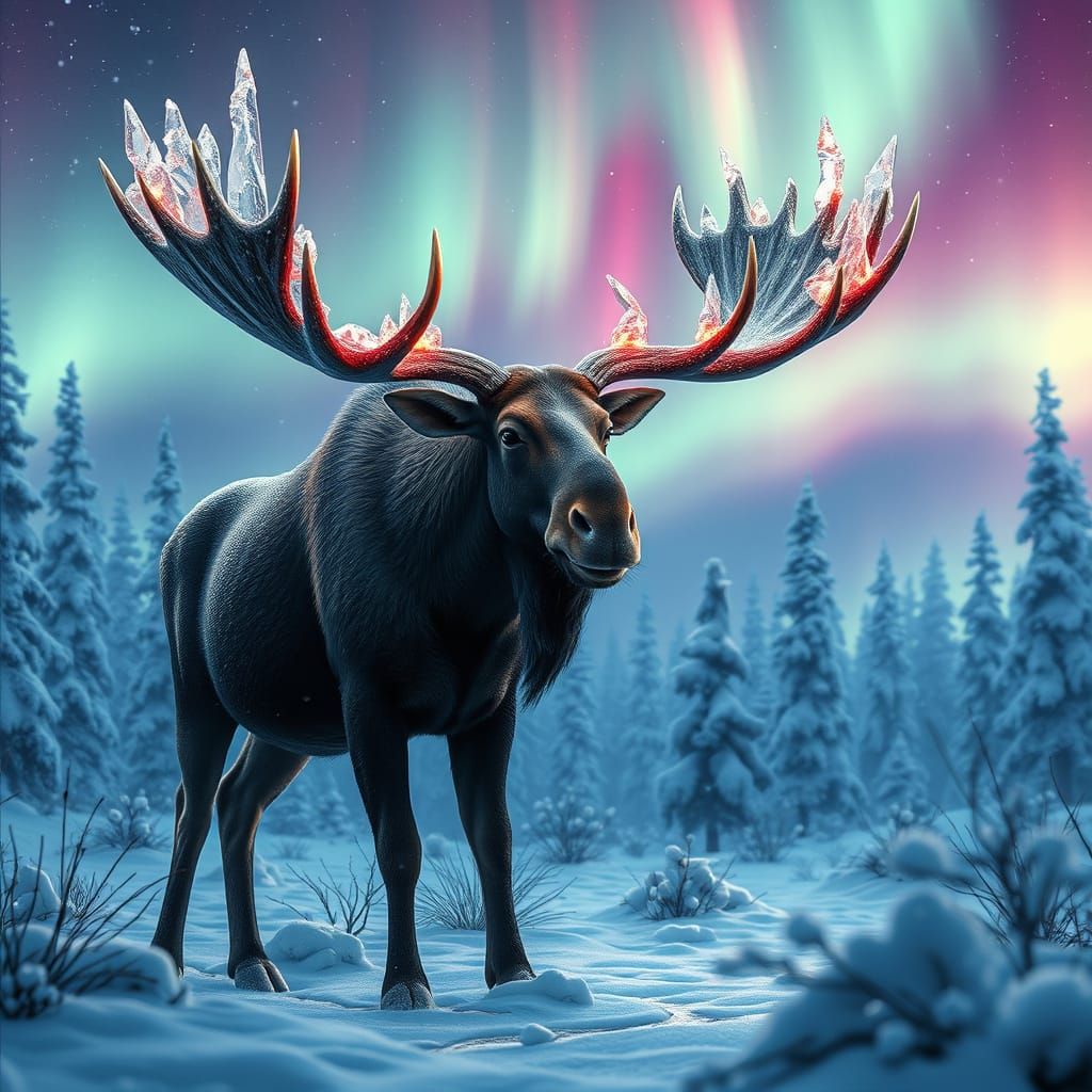 Crystal Moose Under Aurora, Matte Painting Style
