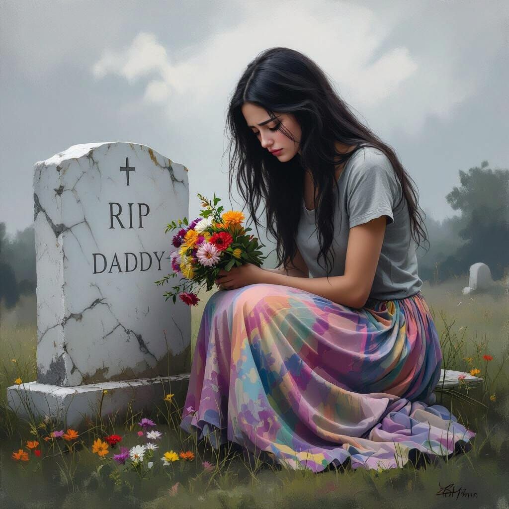 Heartbroken Woman Mourns Father at Grave