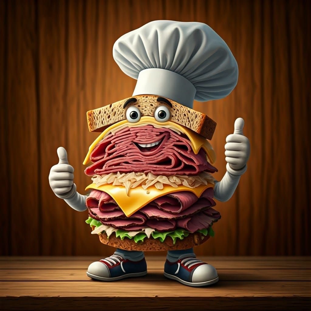 Hyper-Realistic Reuben Sandwich Portrait in Chef's Hat
