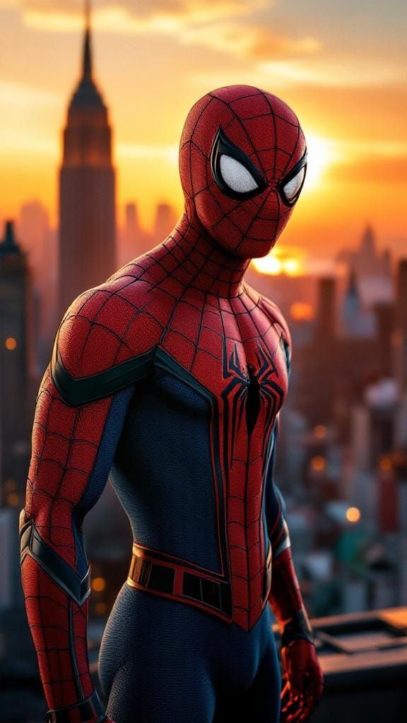 Spider-Man on Rooftop at Sunset in Photorealistic Style