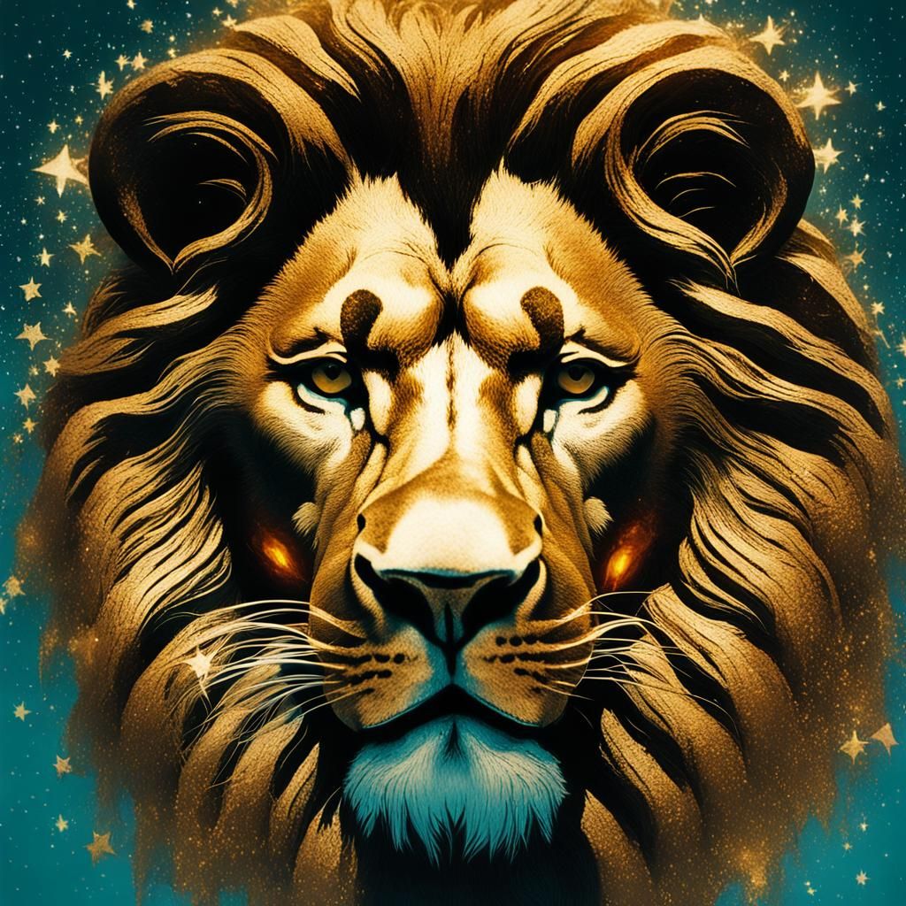 Lion Face Projected with Stars in Japanese Photography Style