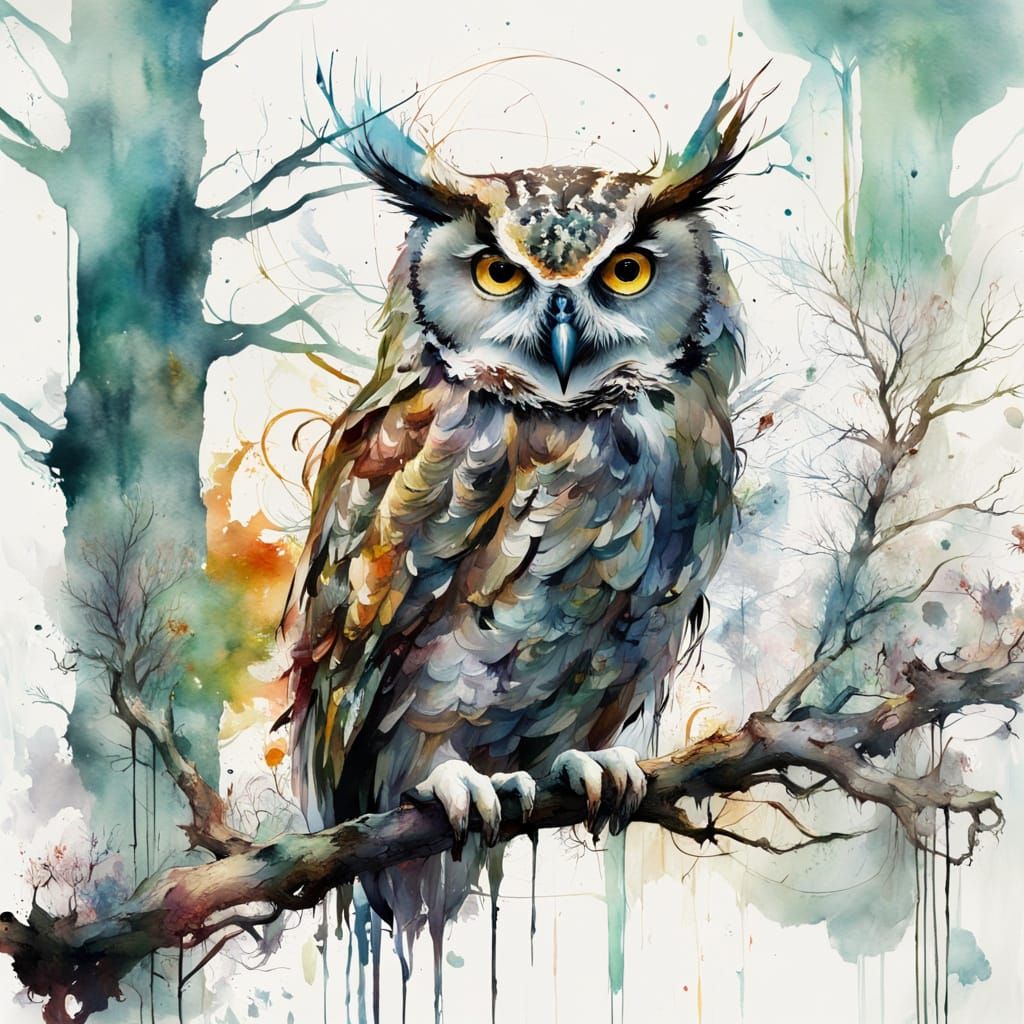 Watercolor Forest Owl Art in Surreal Dali Style