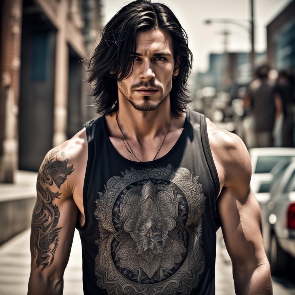 Handsome Rock Star with Tattoos, Hyperrealistic Image