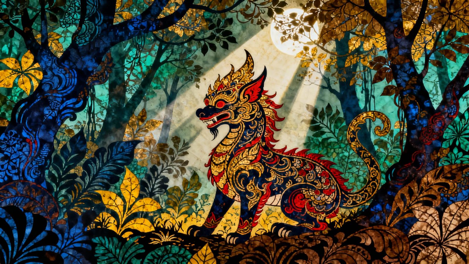 Mystical Creature in Enchanted Forest Batik Art