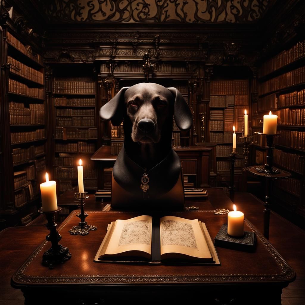 Sinister Dog Tome in Gothic Candlelit Library