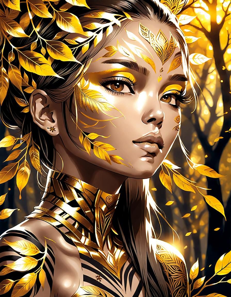 Golden Woman in Fantasy Forest: Hyper-Detailed Gold Art