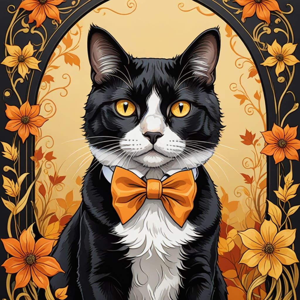 Tuxedo Cat in Art Nouveau Style with Orange Bow Tie
