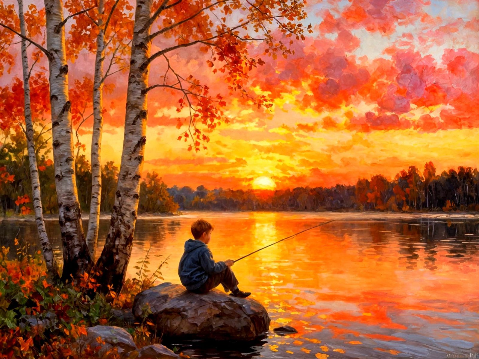 Boy Fishing at Sunset in Impressionist Style