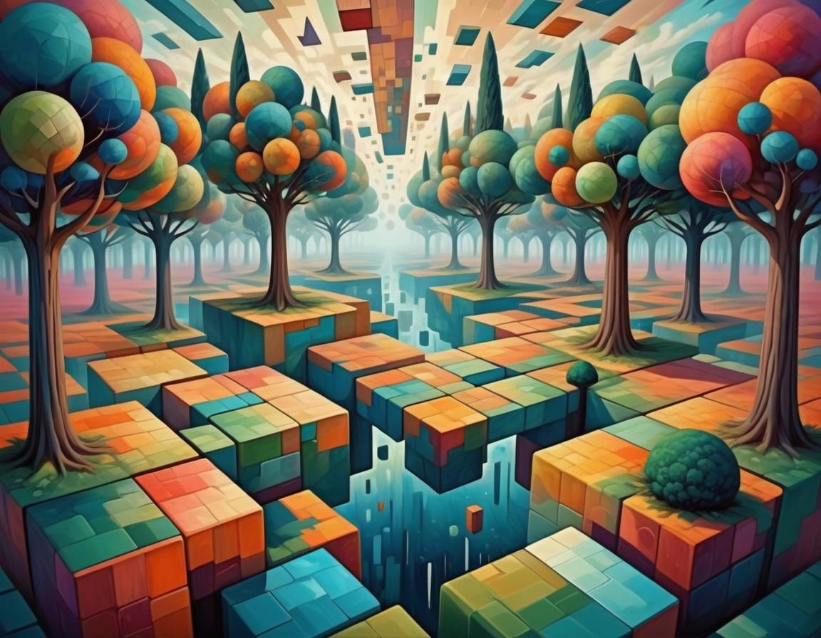 Surreal Cubist Dreamscape with Floating World