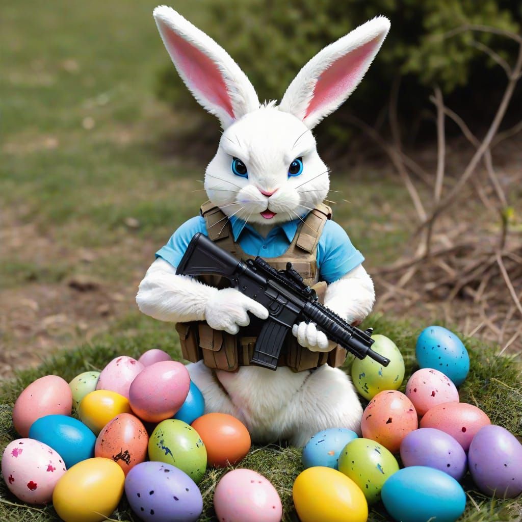 Commando Easter bunny armed and dangerous protecting painted eggs.