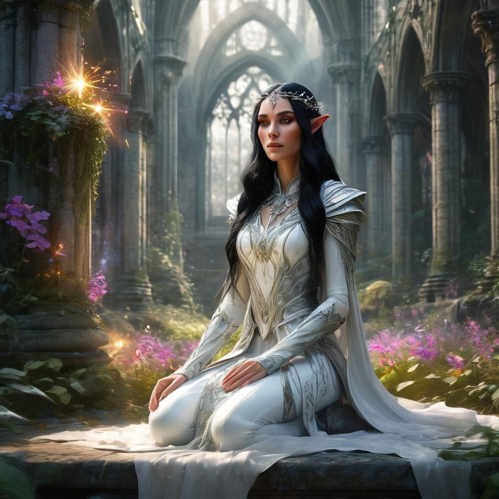 Regal Elf Kneeling in Cathedral Ruins