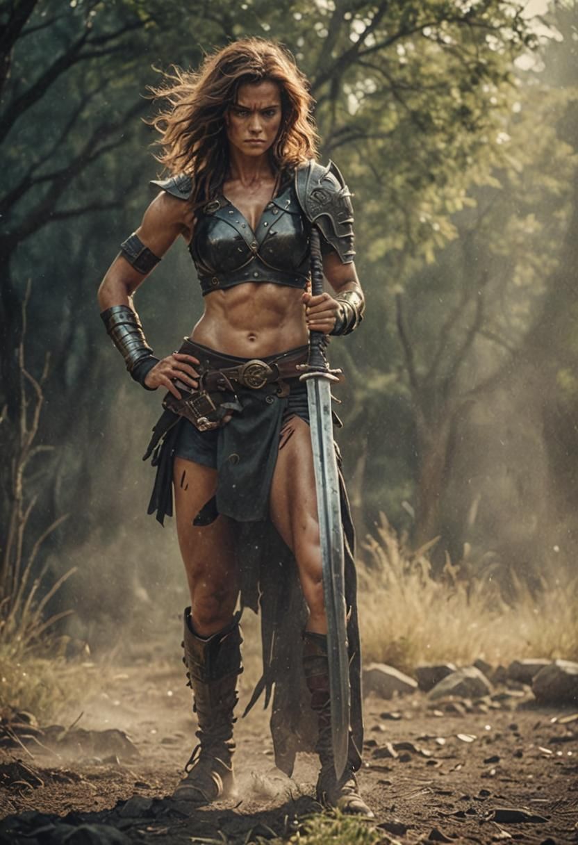 Muscular Warrior Woman with Swords in Cinematic Style