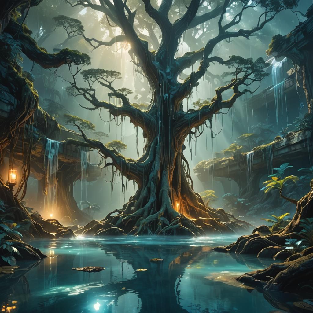 Mystical Pool Cascades in Fantasy Concept Art