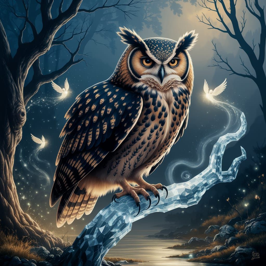 Golden Owl Perched in Bioluminescent Forest