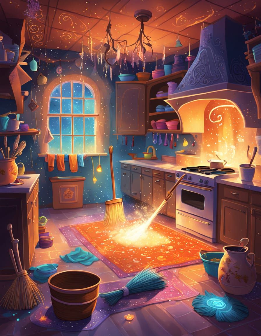 Magical Kitchen Concept Art with Enchanted Broom and Self-Fo...