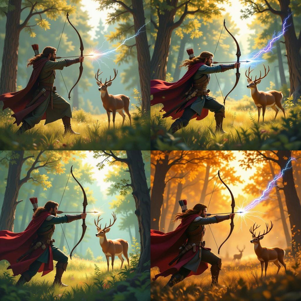 Archer Strikes Deer with Lightning Arrow in Forest