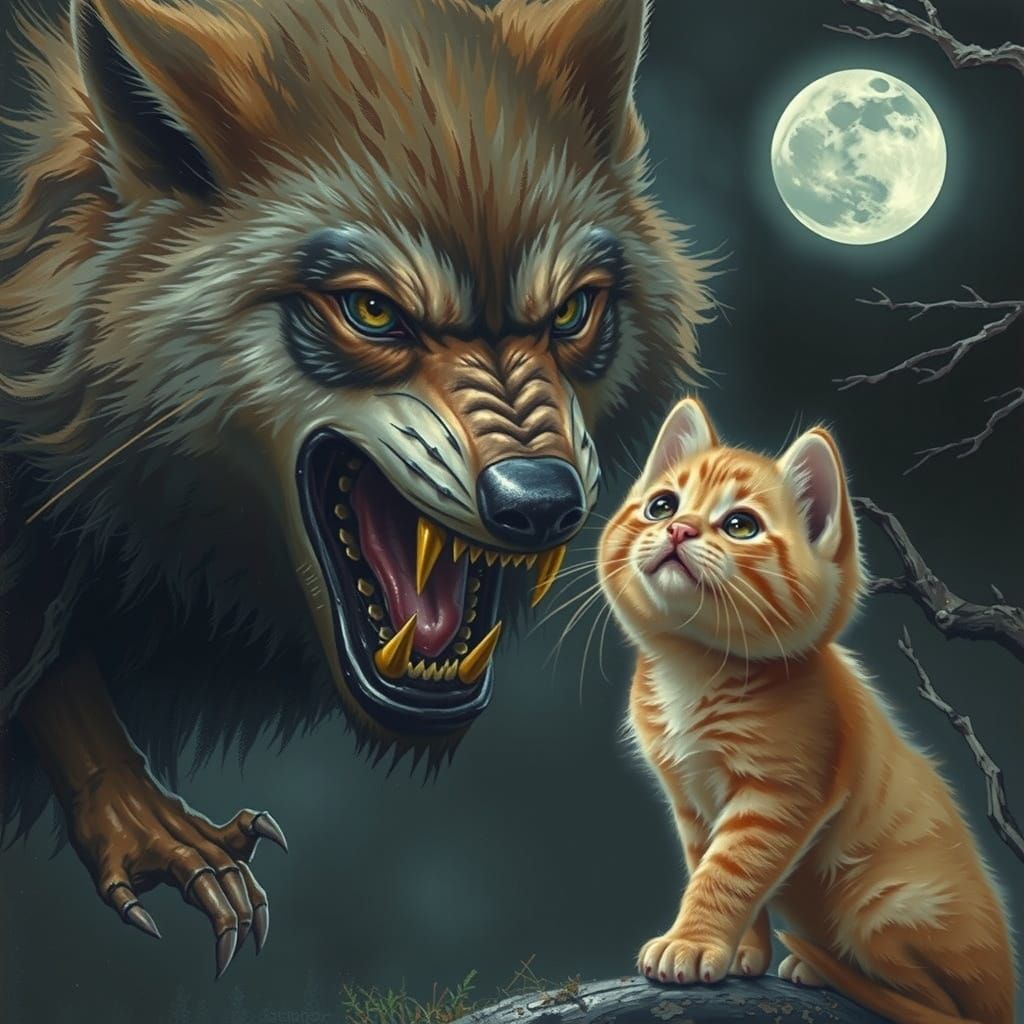 Fierce Wolf Confronts Tiny Kitten Under a Haunting Full Moon