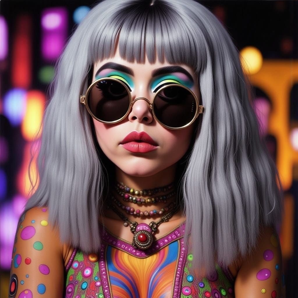 Bold Makeup and Silver Wig Under Flashing Lights