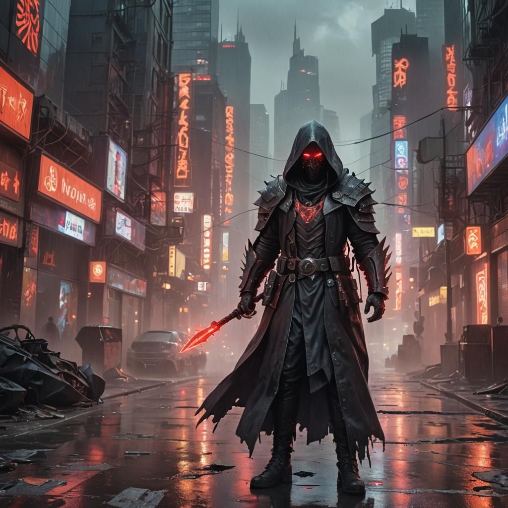 Mechanized Warlock in Dystopian Cyberpunk Cityscape